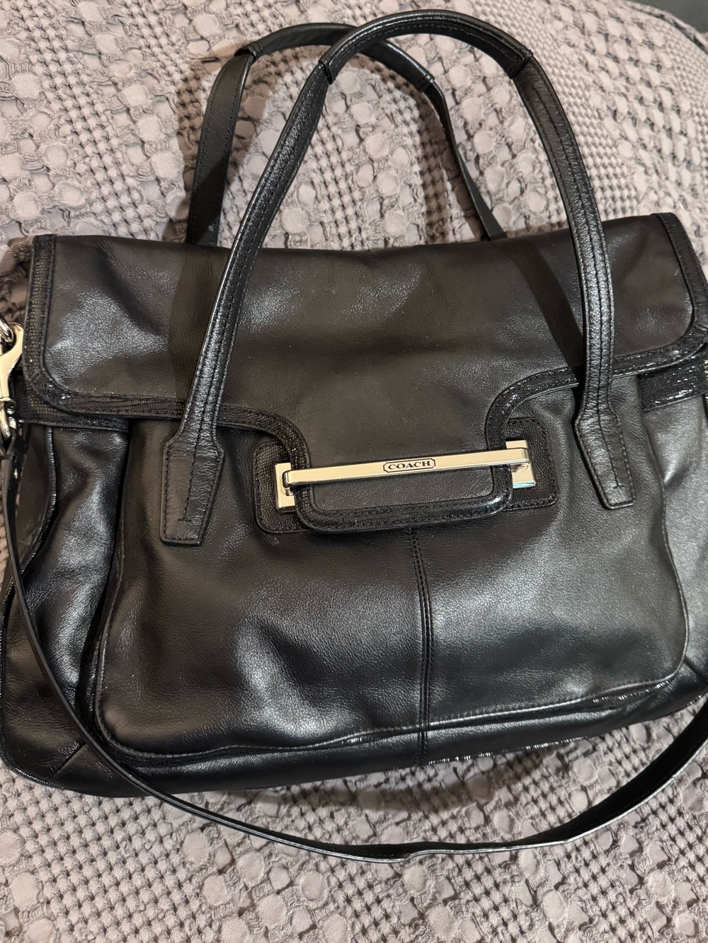 Coach Taylor Black Leather Shoulder Satchel with Polished Hardware